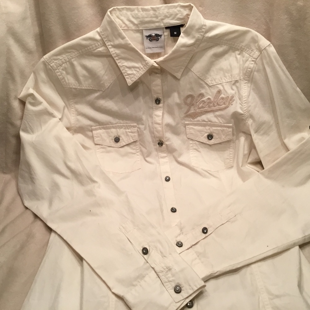 Cream colored button down Harley Davidson shirt